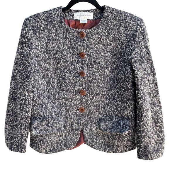 Jones New York Vintage Womens Brown Gray Tweed Wool Blend Boucle Jacket Blazer 1 - Picture 1 of 13